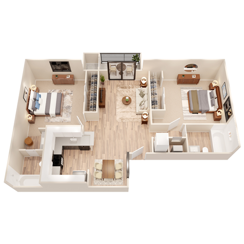 Floor plan for 2 beds, 2 baths, 927 sqft